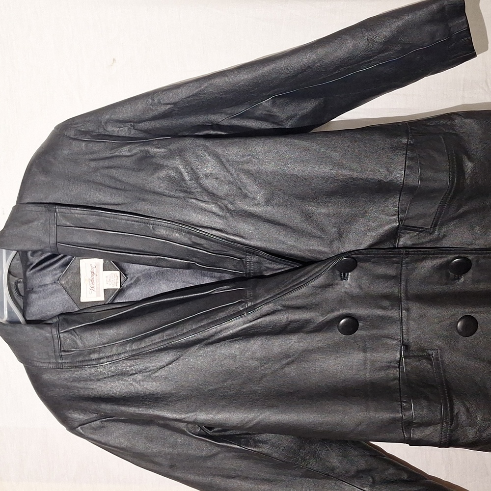 Vintage Black Leather Coat, Long Double Breasted, Worthington, Sz 4 NWOT - Picture 4 of 12